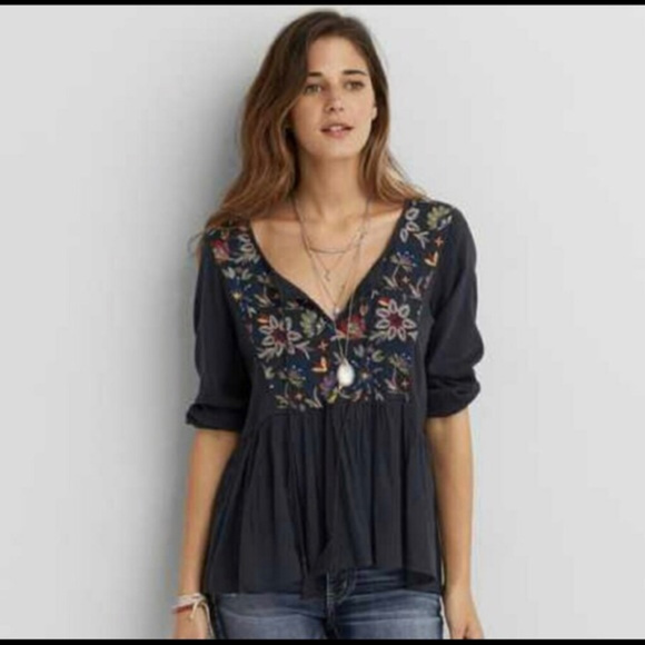 American Eagle Floral Embroidered Peplum Top - Picture 1 of 6